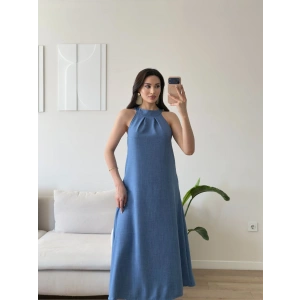 Halter Yaka Keten Elbise - MAVİ