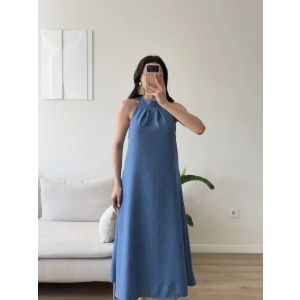 Halter Yaka Keten Elbise - MAVİ