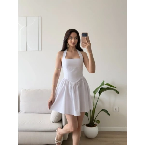 Halter Yaka Mini Elbise - BEYAZ
