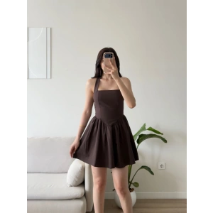 Halter Yaka Prenses Elbise - KAHVE