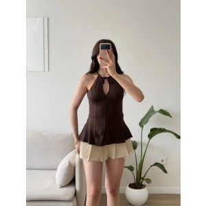 Halter Yaka Peplum Bluz - KAHVE