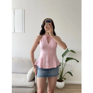 Halter Yaka Peplum Bluz - PEMBE