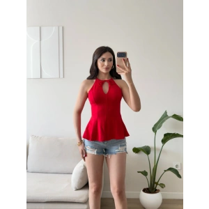 Halter Yaka Peplum Bluz - KIRMIZI