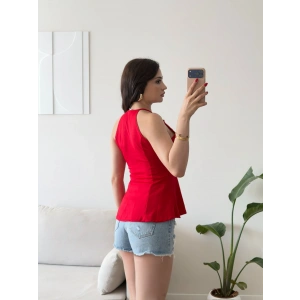 Halter Yaka Peplum Bluz - KIRMIZI