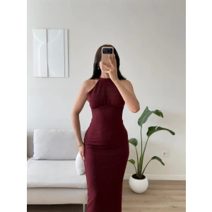 Halter Yaka Simli Long Elbise - BORDO