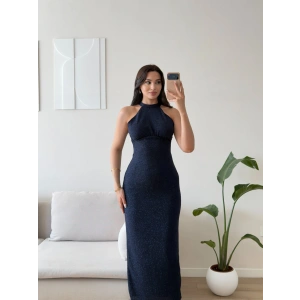 Halter Yaka Simli Long Elbise - LACİVERT