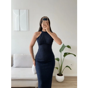 Halter Yaka Simli Long Elbise - LACİVERT