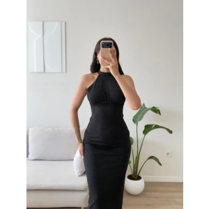 Halter Yaka Simli Long Elbise - SİYAH