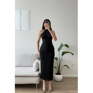 Halter Yaka Simli Long Elbise - SİYAH