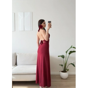 Halter Yaka Sırt Bağlamalı Yırtmaçlı Maxi Elbise - BORDO