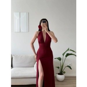 Halter Yaka Sırt Bağlamalı Yırtmaçlı Maxi Elbise - BORDO