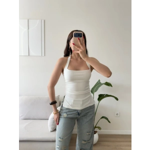 Halter Yaka Yırtmaçlı Bluz - BEYAZ