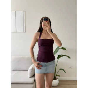 Halter Yaka Yırtmaçlı Bluz - MÜRDÜM