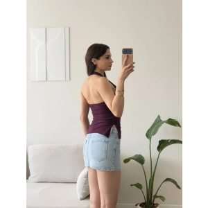 Halter Yaka Yırtmaçlı Bluz - MÜRDÜM