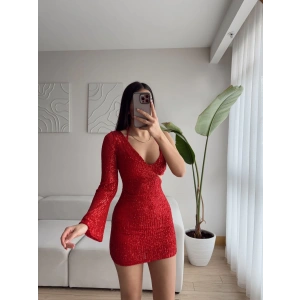 İp Askılı Göğüs Payetli Elbise - KIRMIZI