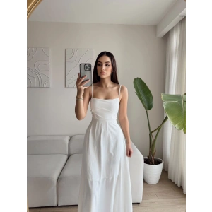 İp Askılı Volanlı Prenses Elbise - BEYAZ