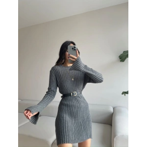 İspanyol Kol Yırtmaç Triko Elbise -ANTRASİT