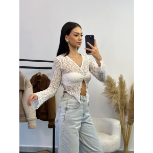 İspanyol Kol Güpürlü Bluz - BEYAZ