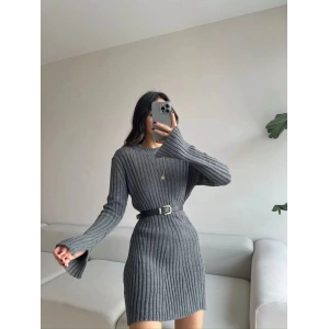 İspanyol Kol Yırtmaç Triko Elbise - ANTRASİT