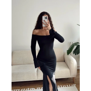 İspanyol Kol Yırtmaçlı Elbise - SİYAH