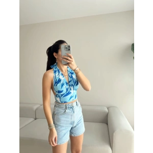 Kalp Desen Sırt Bağlamalı Crop-MAVİ