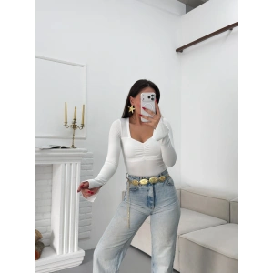 Kalp Yaka Kol İspanyol Crop - BEYAZ