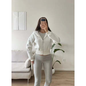 Kapüşonlu Crop Hırka - BEYAZ