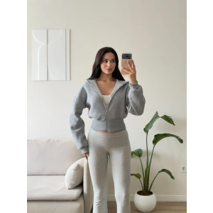 Kapüşonlu Crop Hırka - GRİ