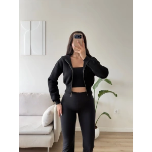 Kapüşonlu Crop Hırka - SİYAH