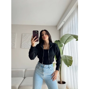 Kapüşonlu Crop Hırka - SİYAH