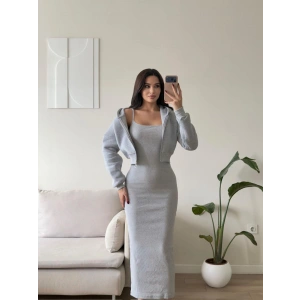 Kapüşonlu Crop Hırkalı Elbise - GRİ