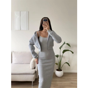 Kapüşonlu Crop Hırkalı Elbise - GRİ