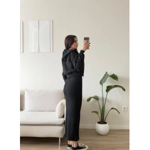 Kapüşonlu Crop Hırkalı Elbise - SİYAH