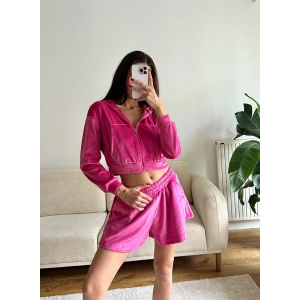 Kapüşonlu Crop & Şortlu Kadife Takım - FUŞYA