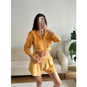 Kapüşonlu Crop & Şortlu Kadife Takım - SARI