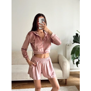 Kapüşonlu Crop & Şortlu Kadife Takım - PEMBE