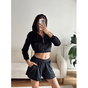 Kapüşonlu Crop & Şortlu Kadife Takım - SİYAH