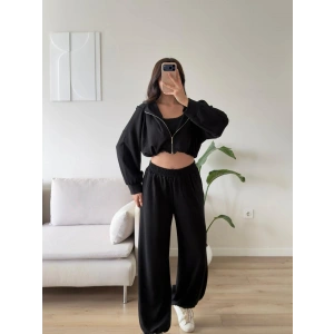 Kapüşonlu Crop Üçlü Takım - SİYAH