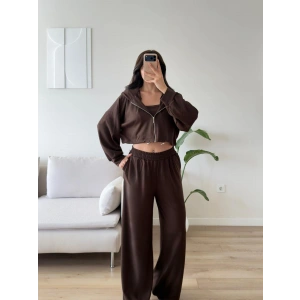 Kapüşonlu Crop Üçlü Takım - KAHVE