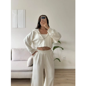 Kapüşonlu Crop Üçlü Takım - BEYAZ