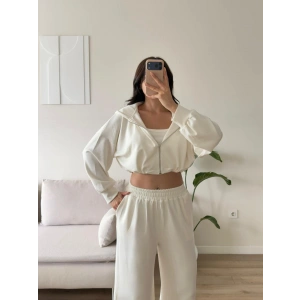 Kapüşonlu Crop Üçlü Takım - BEYAZ