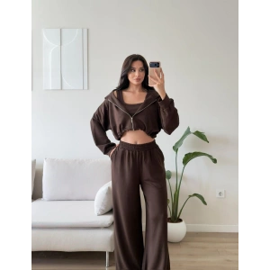Kapüşonlu Crop Üçlü Takım - KAHVE