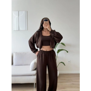 Kapüşonlu Crop Üçlü Takım - KAHVE