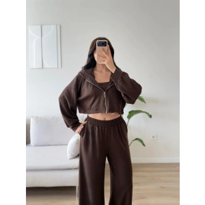 Kapüşonlu Crop Üçlü Takım - KAHVE
