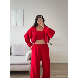 Kapüşonlu Crop Üçlü Takım -  *KIRMIZI