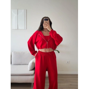 Kapüşonlu Crop Üçlü Takım -  *KIRMIZI