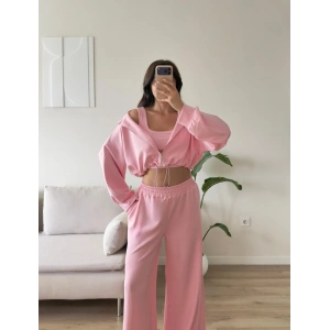 Kapüşonlu Crop Üçlü Takım - PEMBE