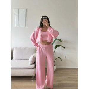 Kapüşonlu Crop Üçlü Takım - PEMBE