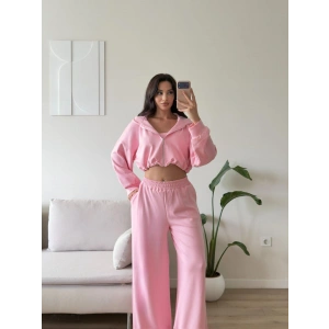 Kapüşonlu Crop Üçlü Takım - PEMBE