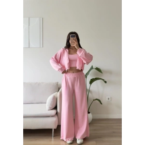Kapüşonlu Crop Üçlü Takım - PEMBE